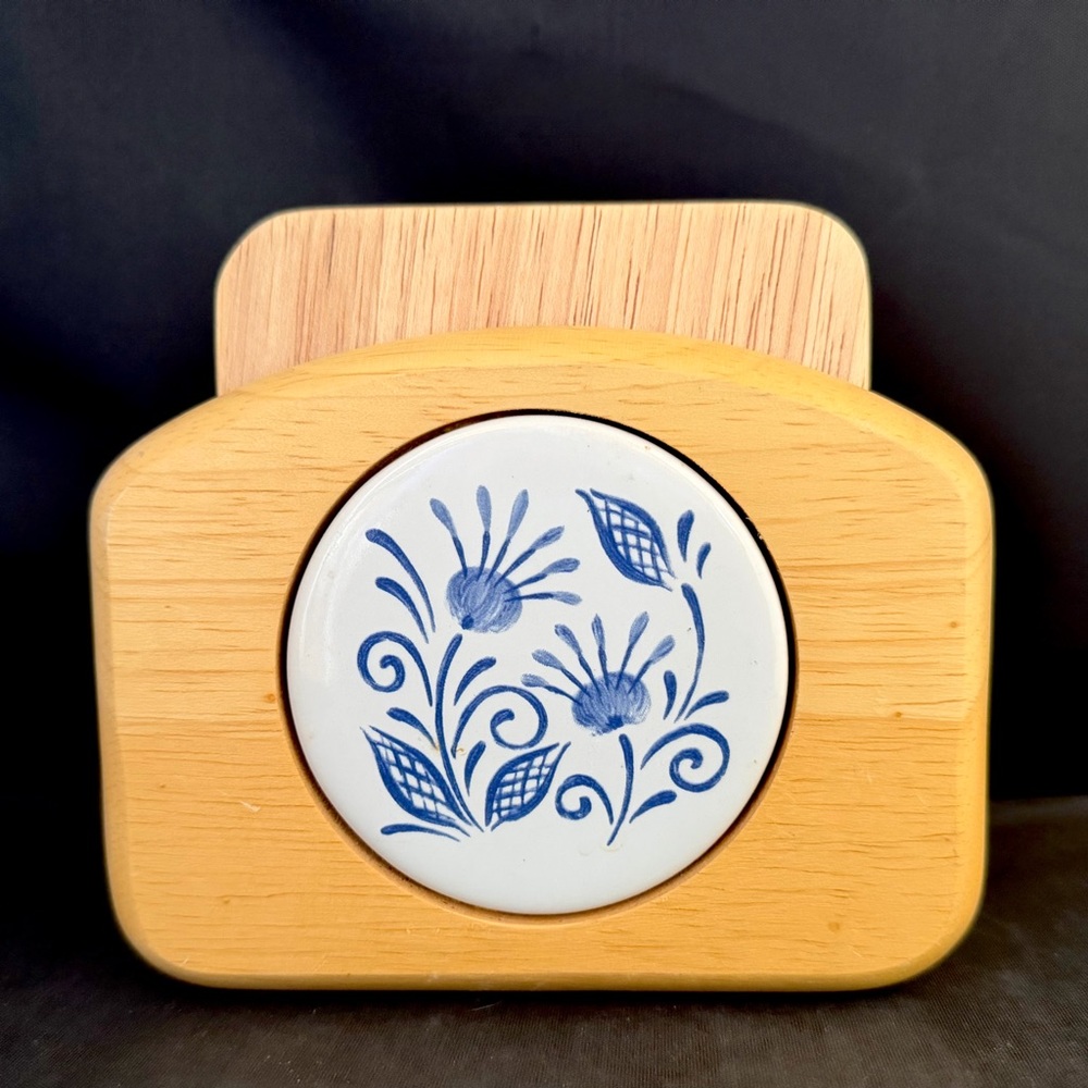 Vintage Corelle Oceanview Pattern 6 Wood & Cork Drink Coasters And Storage HTF